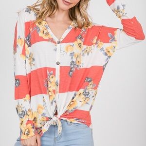 Coral Floral Button Up Knot Front Top